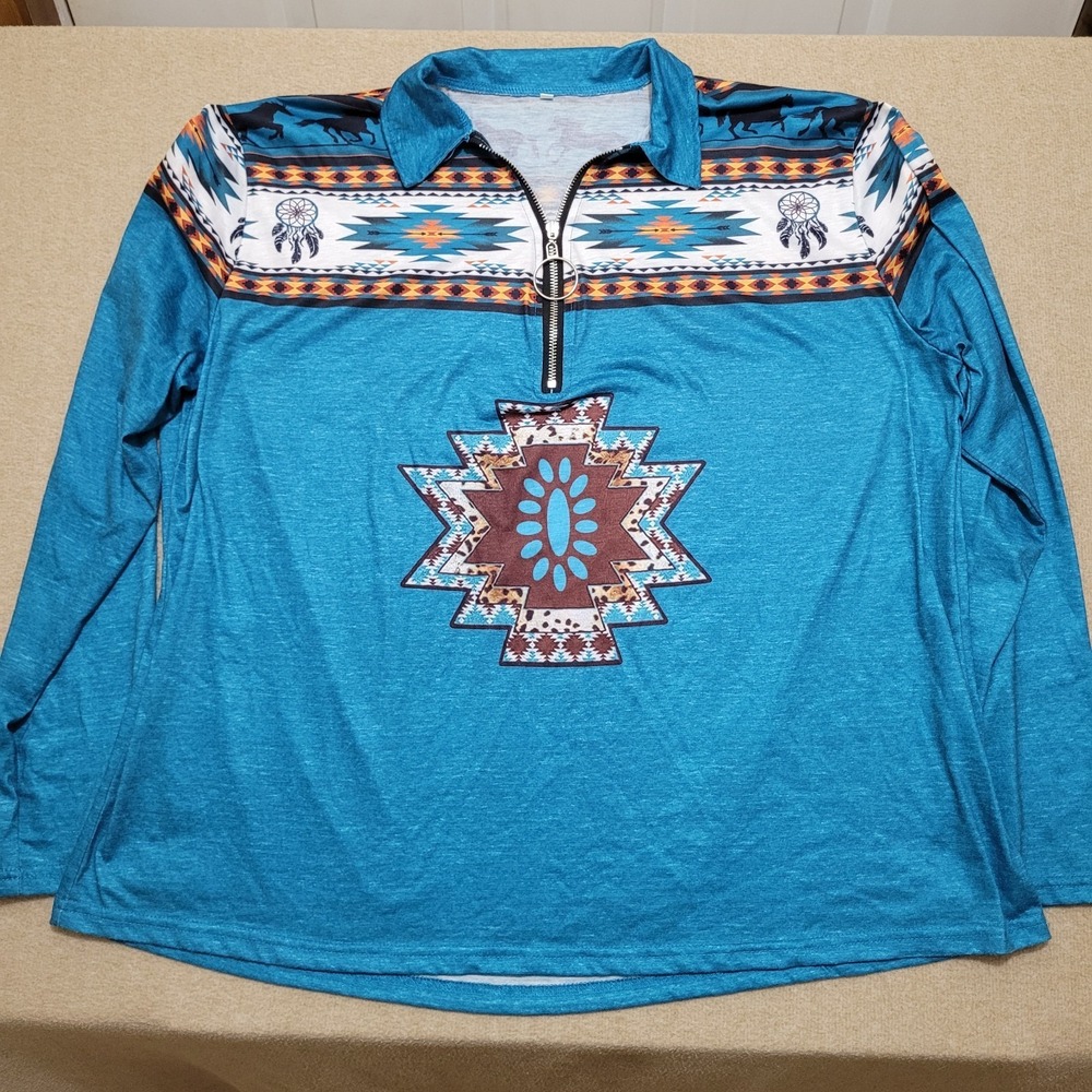 Blue Aztec Horse Print 1/2‎ Zip Long Sleeve Adult Women's Size 3XL
